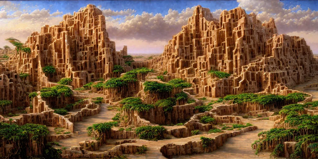 Image similar to the oasis - hamlet of joppa along the far rim of the great salt desert. farmers tend to groves. jungles strangle chrome steeples and rusted archways. beyond the fabled spindle rises above the fray and pierces the cloud - ribboned sky. art by james christensen and noriyoshi ohrai