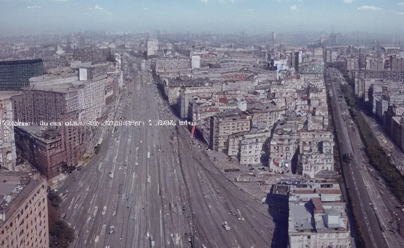 Prompt: high quality 2000s historic footage of soviet boulevard with stanilist style high rise and pedestrians, aerial photo drone, Cinestill 800t movie still, heavy grainy picture, very detailed, high quality, 4k panoramic