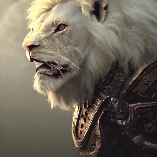 Image similar to a beautiful award winning commission of a male anthro albino lion dressed in skyrim armour,digital art,art by greg rutkowski,character design by charles bowater,ross tran,photorealistic,highly detailed,detailed face,4k,dramatic,deviantart,artstation