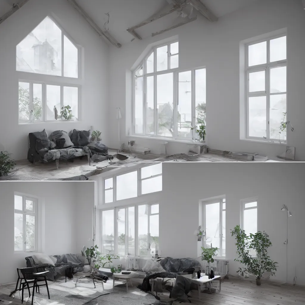 Image similar to Hyper realistic. Danish heritage and Nordic home, plaster walls. the tiny home, big window frame. living room. Furnished with minimal furniture . ultra wide shot .minimal design. Future design. architecture design. foggy environment. Cinematography. mega scans. sloped site. cinematic. hyper realistic. photorealistic. cinematic composition. highly detailed. Vray. Corona render. 8k. render