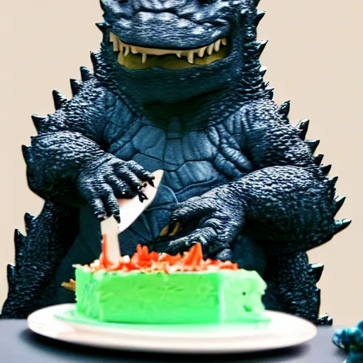 Prompt: godzilla eating a piece of cake