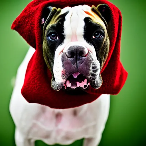 Prompt: portrait of american bulldog as afghan puppy, green eyes and red scarf looking intently, photograph by steve mccurry