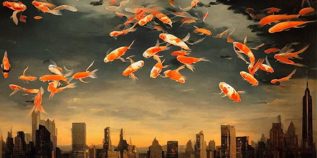 Image similar to beautiful oil matte portrait painting, giant flying koi fishes over manhattan at dusk, wonderful masterpiece highly detailed, beautiful cinematic light deep focus, elegant, digital painting, smooth, sharp focus, golden ratio, dramatic illumination, ultra realistic, 8 k, art by artemisia lomi gentileschi and caravaggio