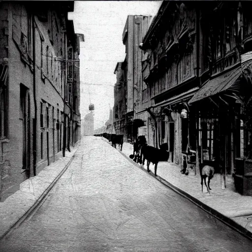 Prompt: grainy 1800s photo of a city street with robotic horses