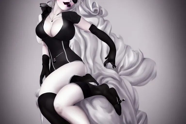 Prompt: feminine elegant goth pinup with white hair and curvy tight nylon outfit, cgsociety, realistic, highly detailed, attractive, 16k, smooth, sharp focus, trending on ArtStation