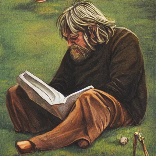Image similar to robert wyatt sitting on the ground, reading a book to some goblins, artwork