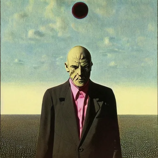 Image similar to a man in black suit, white city, clear blue sky, pink floyd album cover, 1 9 7 0's, by beksinski, bruegel, greg rutkowski, alphonse mucha, and yoshitaka amano, colorful flat surreal design, hd, 8 k, artstation