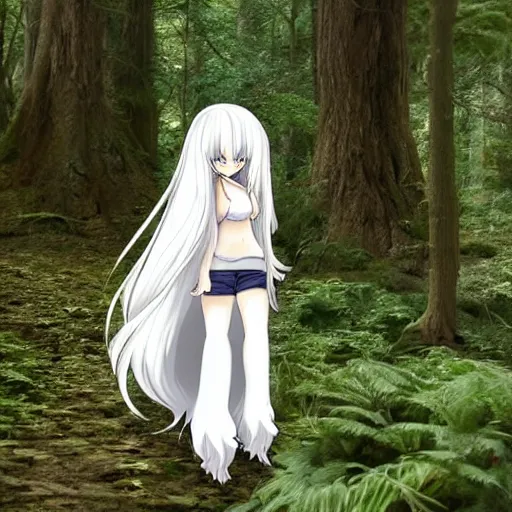 Image similar to a cute white long haired anime foxgirl, in a forest