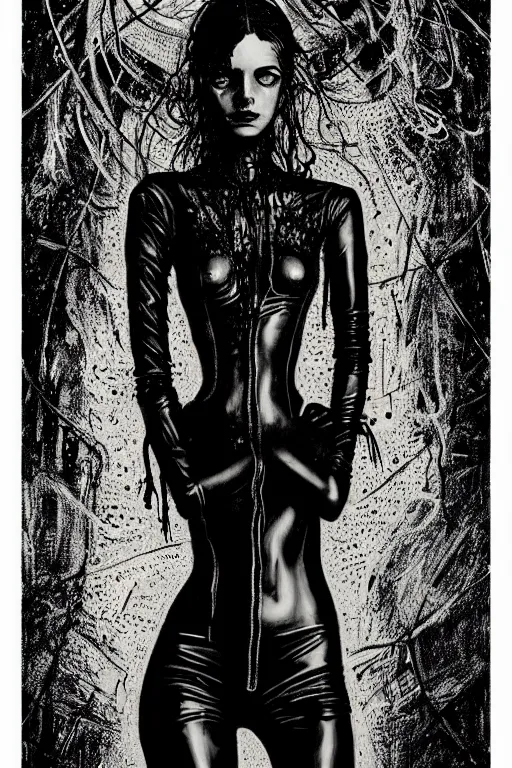 Image similar to dreamy gothic girl, wet black leather slim suit, beautiful woman body, detailed acrylic, grunge, intricate complexity, by dan mumford and by alberto giacometti, peter lindbergh