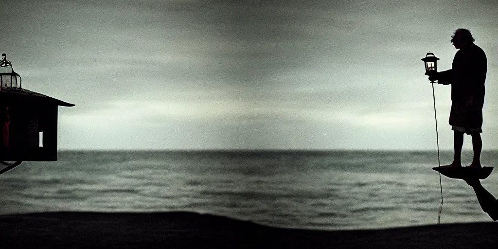 Image similar to film still of closeup old man holding up lantern by his beach hut at night. pirate ship in the ocean by emmanuel lubezki