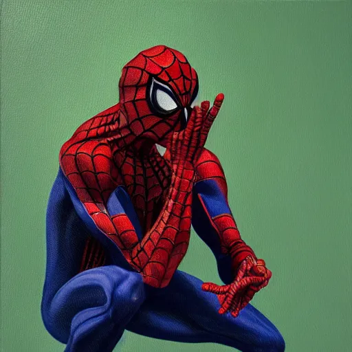 Image similar to spiderman kneels, praying to spider god, oil painting