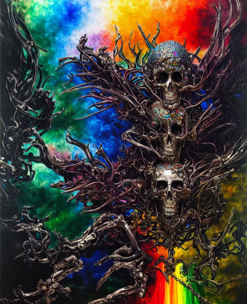 Image similar to realistic detailed image of ultra wrathful rainbow diamond iridescent mega chromed god of death, depth perception, depth of field, action horror by ayami kojima, neo - gothic, gothic, part by adrian ghenie and gerhard richter. art by wojtek siudmak, masterpiece