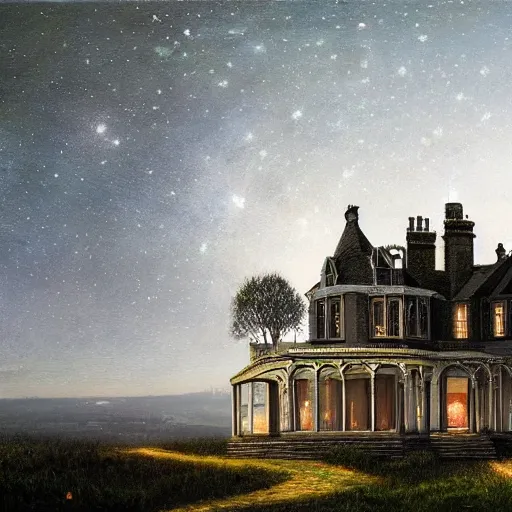 Image similar to an abandoned mansion with a widows walk and observatory on a hill at night with stars, by lee madgwick and bastien lecouffe