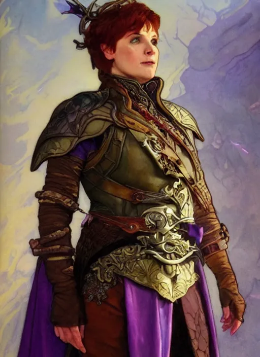 Image similar to a gender neutral halfling wearing leather armour and a purple smoking jacket, short brown hair. fantasy concept art. moody epic painting by james gurney, and alphonso mucha. artstationhq. painting with vivid color. ( dragon age, witcher 3, arcane, lotr )