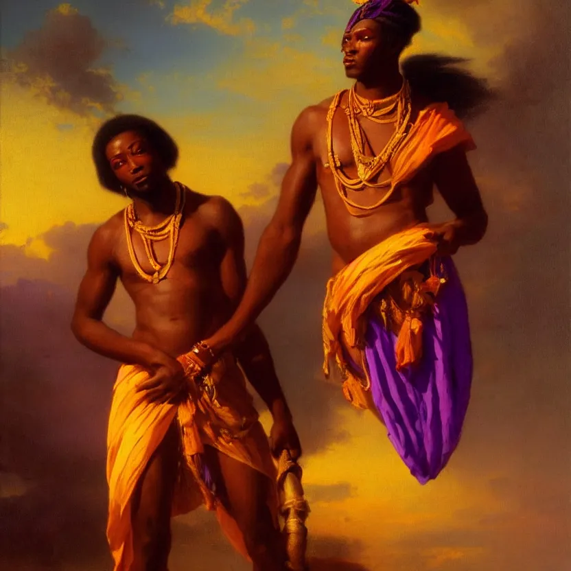 Image similar to handsome african god in a loincloth, posing against a royal purple backdrop by ivan aivazovsky, oil painting, beautiful soft lighting, saturated colours, artstation