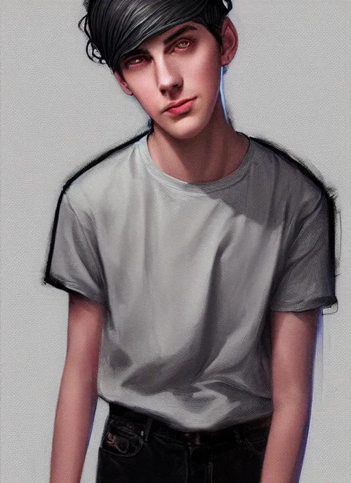 Image similar to portrait of teenage jughead jones wearing a light grey crown, photorealistic, crown, eyes closed, crown, black hair, intricate, elegant, glowing lights, highly detailed, digital painting, artstation, concept art, smooth, sharp focus, illustration, art by wlop, mars ravelo and greg rutkowski