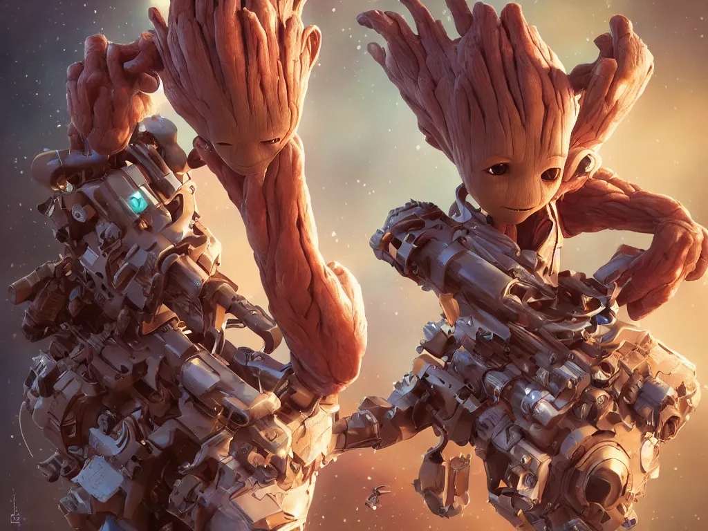 Image similar to baby groot from guardians of the galaxy!, cinematic volumentric lighting, jim cheung, david marquez, mike deodato jr, ilya kuvshinov, makoto shinka, behance hd by jesper ejsing, by rhads, hyper detailed, octane render, concept art, trending on artstation