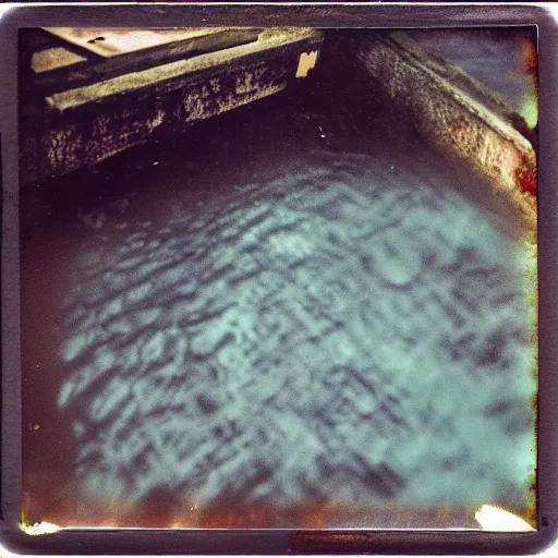 Prompt: a rusty bedframe, dark, murky water, underwater, old polaroid, expired film,