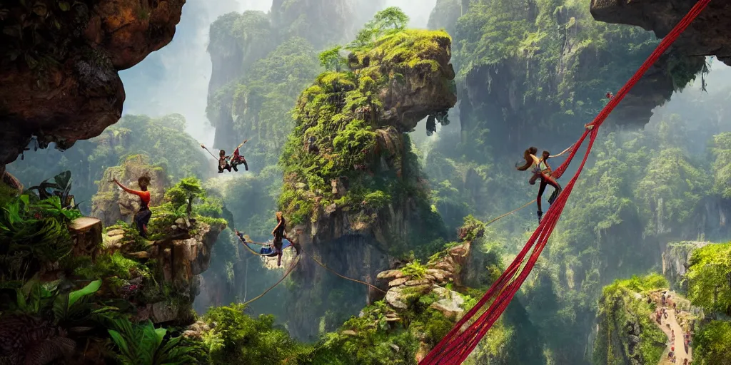 Image similar to wide angle view of colorful clothing fashion models crossing a suspended rope bridge over a deep canyon, mountainous jungle setting, trees, waterfall, river, rocks, dramatic lighting, highly detailed, artstation, unreal engine, matte painting in the style of craig mullins, Uncharted 4, fish eye lens, 8k HDR