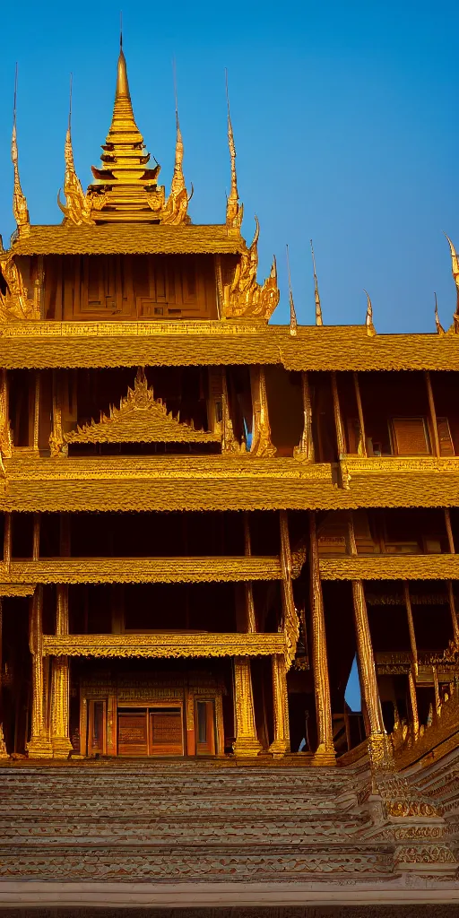 Prompt: beautiful!!!! environmental! shot photograph of the mandalay palace in the golden hour, Ultra-wide Angle, DSLR, cinematic lighting, 4k, award-winning