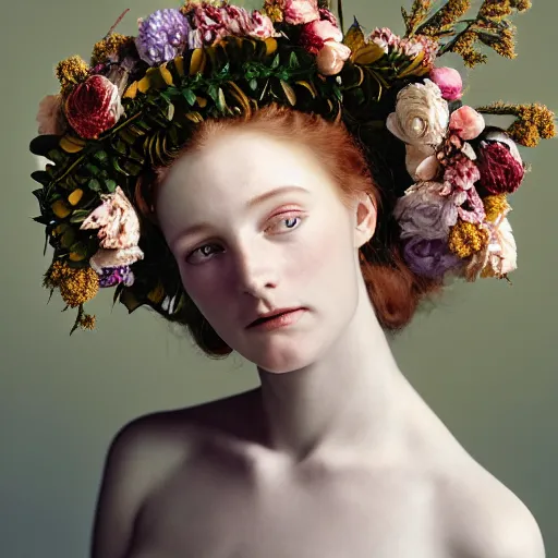 Prompt: photographic portrait of a stunningly beautiful english renaissance female dressed in wreaths of flowers, in soft dreamy light at sunset, beside the river, soft focus, contemporary fashion shoot, hasselblad nikon, in a denis villeneuve movie, by edward robert hughes, annie leibovitz and steve mccurry, david lazar, jimmy nelsson, hyperrealistic, perfect face