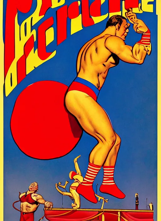 Image similar to poster for circus wrestler. portrait by clyde caldwell and jean giraud and anton otto fischer and john philip falter and will eisner and gil elvgren