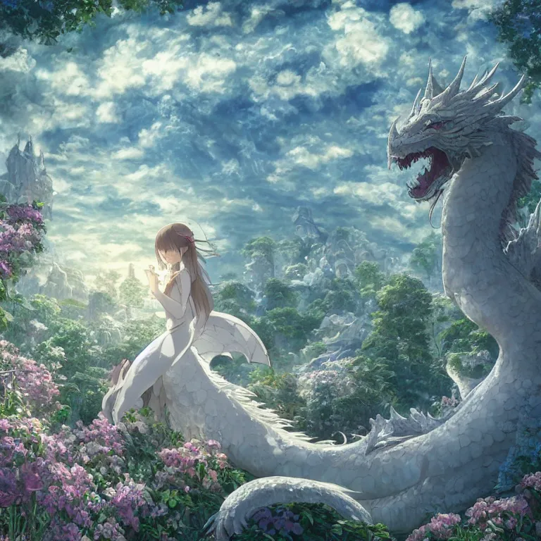 Image similar to the beautiful hyper detailed scene render that a lonely beautiful girl lies in the arms of a huge silver white dragon alone in fairyland surrounded by white clouds, finely detailed angelic face delicate, style of studio ghibli, makoto shinkai, raphael lacoste, louis comfort tiffany, artgerm, james jean, ross tran, animation style, hd, ultra wide angle