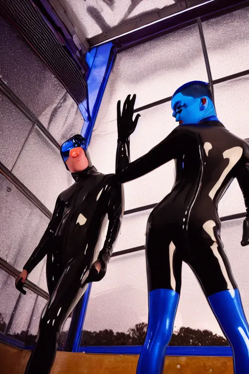 Image similar to close-up, low angle blue hour, twilight, cool, portrait Kodachrome, ISO1200, two cyberpunk model men with black eyes and visible faces wearing latex catsuit and lots of transparent and cellophane accessories