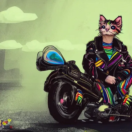 Prompt: wide angle full body, jacket wearing fluffy cute rainbow kitten wearing a black leather motorcycle jacket, riding on a motorcycle, cinematic concept art