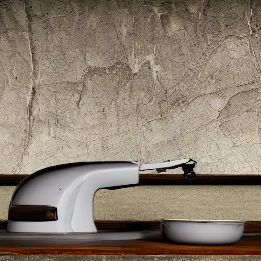 Prompt: macro photography focused on a miniature figure on a countertop. The background is the rest of the kitchen. The mid ground is a dramatic highway bridge that connects the vintage fridge to the counter. Award winning photo.