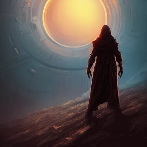 Image similar to hooded figure standing at the edge of reality gazing into the unknown, sunset on distant machine planet, steampunk, cyberpunk, detailed digital painting, smooth, sharp focus, artstation, artgerm, 4 k ultra hd, fantasy dark art