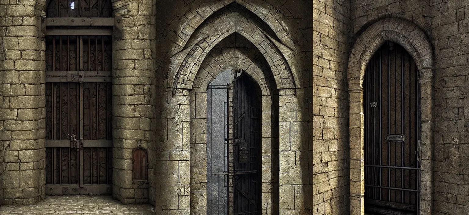 Prompt: medieval door with black steel bars, stephen bliss, unreal engine, fantasy art by greg rutkowski, detailed and intricate environment