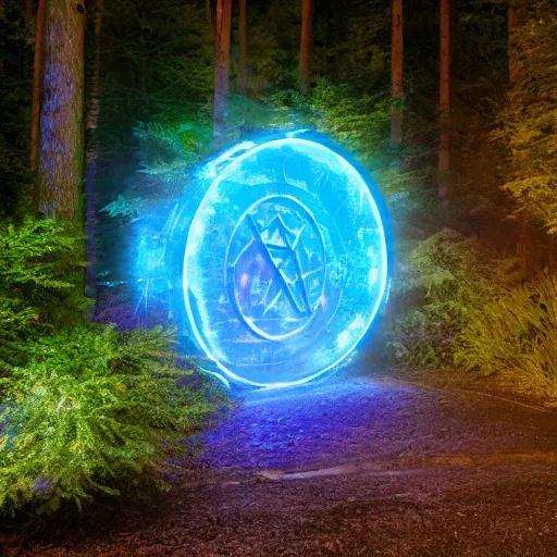 Image similar to a stargate made of stone with embedded blue glowing runes in the middle of a green forest with a beam of light