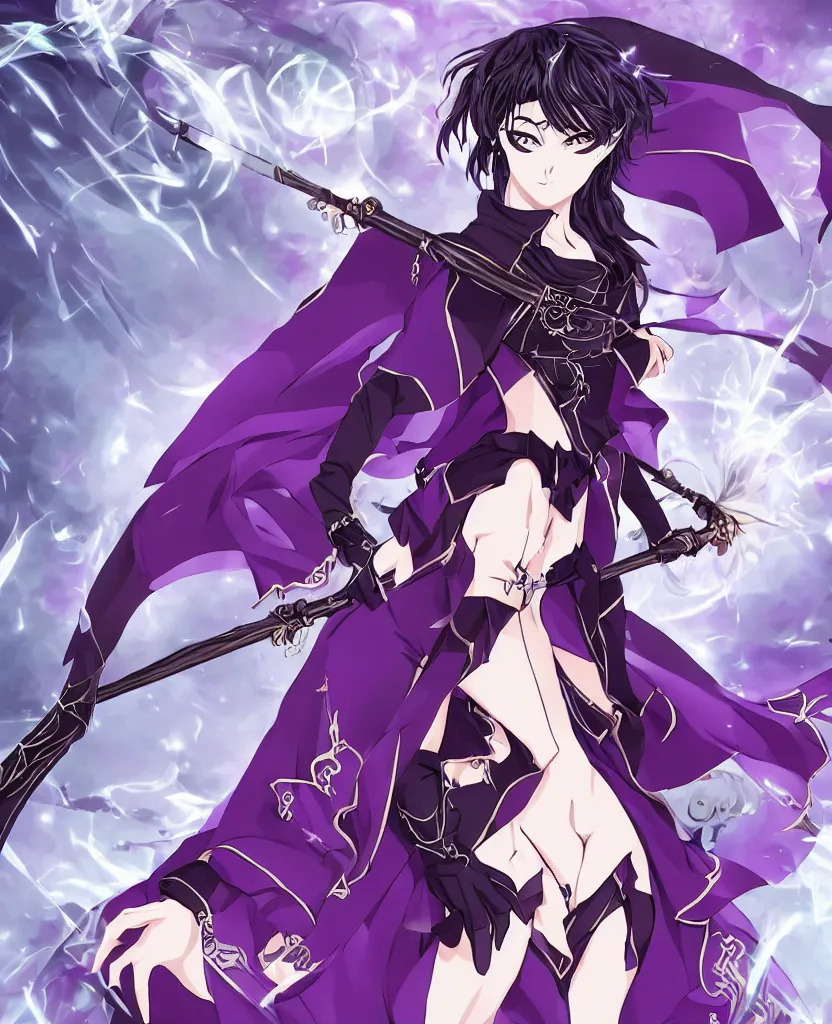 prompthunt: an attractive anime female necromancer mage symmetrical, donned  in black cloak with purple staff full body in frame