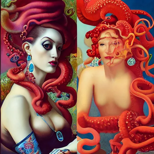 Prompt: dynamic composition, a painting of a woman with hair of octopus tentacles and bright corals, wearing ornate earrings, a surrealist painting by tom bagshaw and jacek yerga and tamara de lempicka and jesse king, featured on cgsociety, pop surrealism, surrealist, dramatic lighting, pre - raphaelite, ornate gilded details