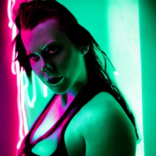 Image similar to portrait of cyberpunk gianna michaels, neon lit, high contrast, futuristic, 3 5 mm photograph
