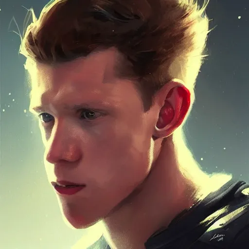 Prompt: portrait of tom holland as a man by greg rutkowski, he is about 3 0 years old, short blond hair, athletic and strong, straight jaw, looking puzzled, wearing futuristic space gear, highly detailed portrait, digital painting, artstation, concept art, smooth, sharp foccus ilustration, artstation hq.