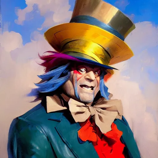 Image similar to greg manchess portrait painting of partially armored mad hatter from alice in wonderland as overwatch character, wacky, medium shot, asymmetrical, profile picture, organic painting, sunny day, matte painting, bold shapes, hard edges, street art, trending on artstation, by huang guangjian and gil elvgren and jesper ejsing