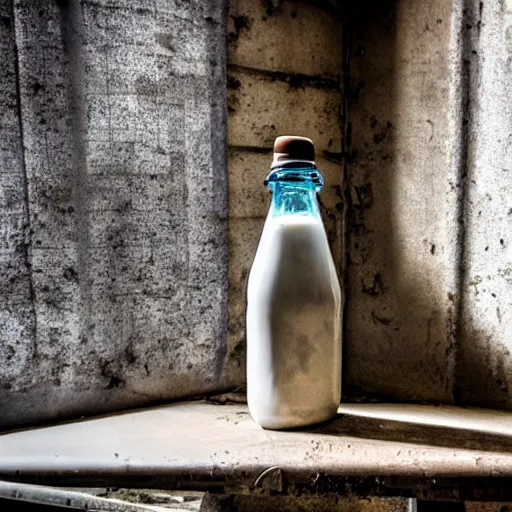 Image similar to bottle of milk over a rusted metal table inside a jail cell