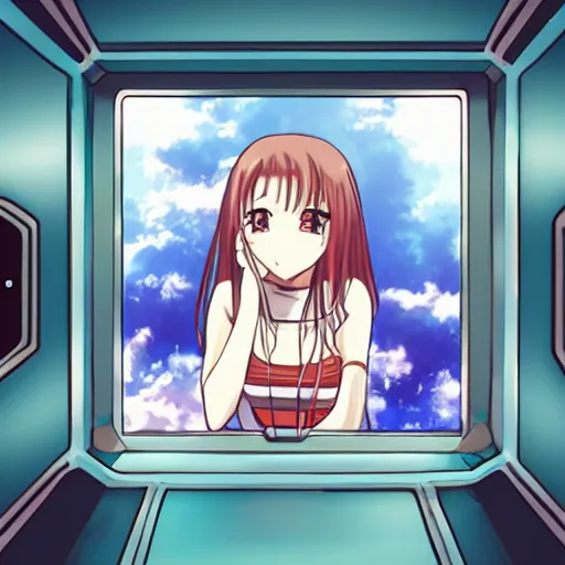 Prompt: an anime girl inside a spaceship looking out a window into space, anime style