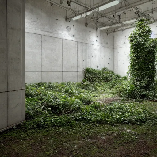 Prompt: an abandoned room in a concrete building, overgrown plants, dreamy, overcast, by hans bellmer