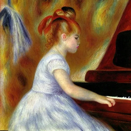 Prompt: girl with curly blonde hair sits at a piano in a music room, white pitbull lays on the floor, painting by renoir