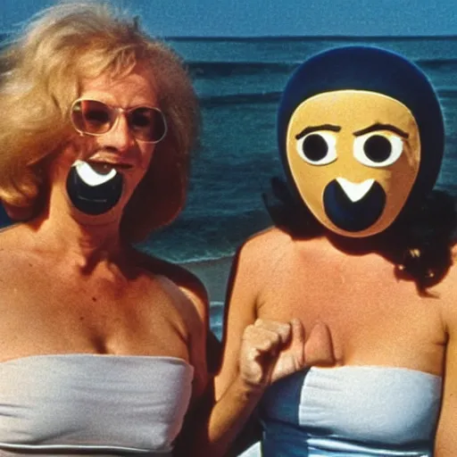 Prompt: 1979 twin women on tv show wearing an inflatable mask long prosthetic snout nose with googly eyes, soft color wearing a swimsuit at the beach 1979 color film 16mm holding a hand puppet Fellini John Waters Russ Meyer Doris Wishman old photo