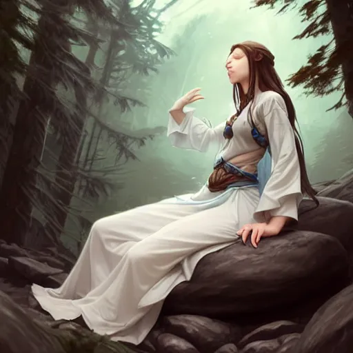 Image similar to wide angle, mage, sleeping on rock, white grey blue color palette, eyes closed, forest, female, d & d, fantasy, intricate, elegant, highly detailed, long brown hair, digital painting, artstation, octane render, concept art, matte, sharp focus, illustration, hearthstone, art by artgerm, alphonse mucha johannes voss