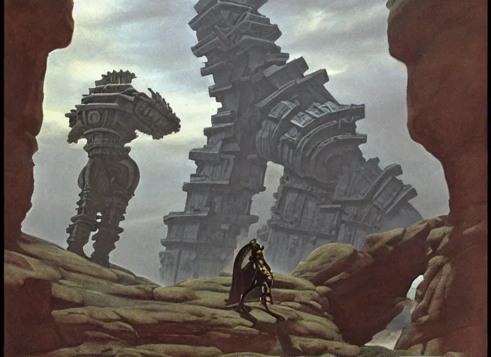 Image similar to the shadow of the colossus as illustrated by ralph mcquarrie and salvador dali