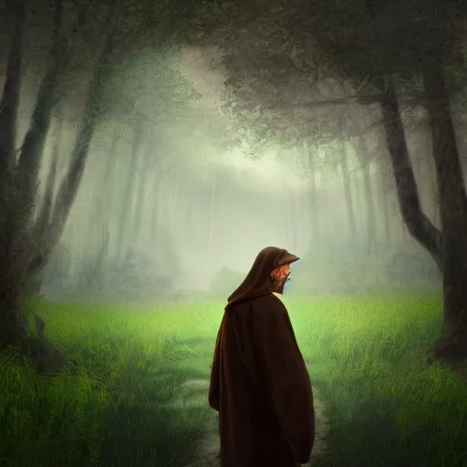 Prompt: Old prophet wandering about a haunted meadow, Fantasy Realm, Digital Art, 4k