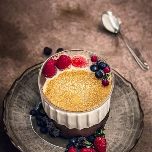 Image similar to extremely delicious looking photo of sweet desert in fancy stylish cup, very expensive top quality product, michelin star, most perfect desert on the world, small manufacture, unique style, 8 k, product photography, professional studio photography