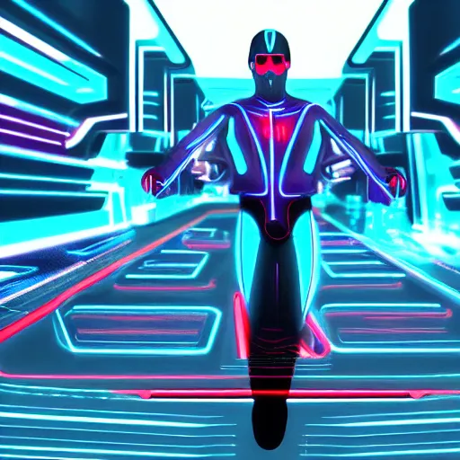 Image similar to tron from the 8 0's but using current day effects, 4 k, 8 k, ultrarealistic, by greg rudowski