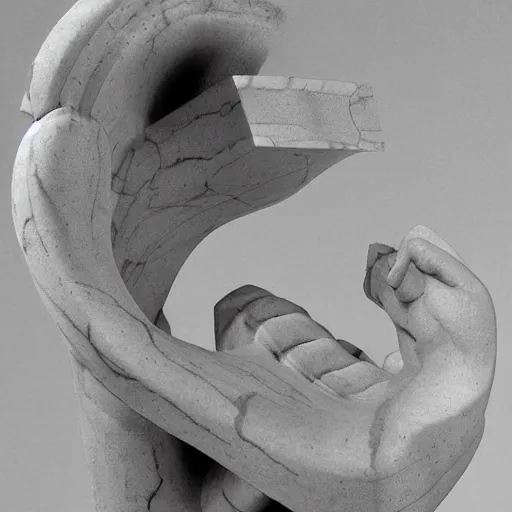 Prompt: A print. A rip in spacetime. Did this device in his hand open a portal to another dimension or reality?! marble statue, gray by Frank Lloyd Wright unplanned, distorted