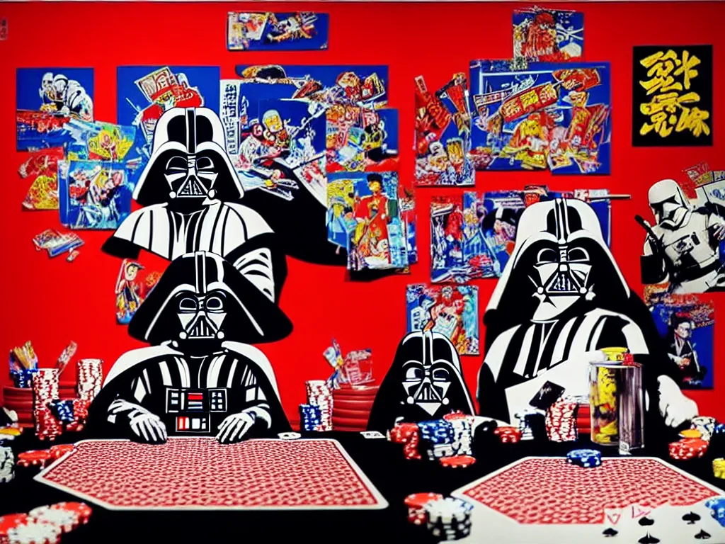 Image similar to hyper - realistic composition of a room with an extremely detailed poker table, croupier in traditional japanese kimono standing nearby, darth vader sitting at the table, fireworks in the background, pop art style, jackie tsai style, andy warhol style, acrylic on canvas